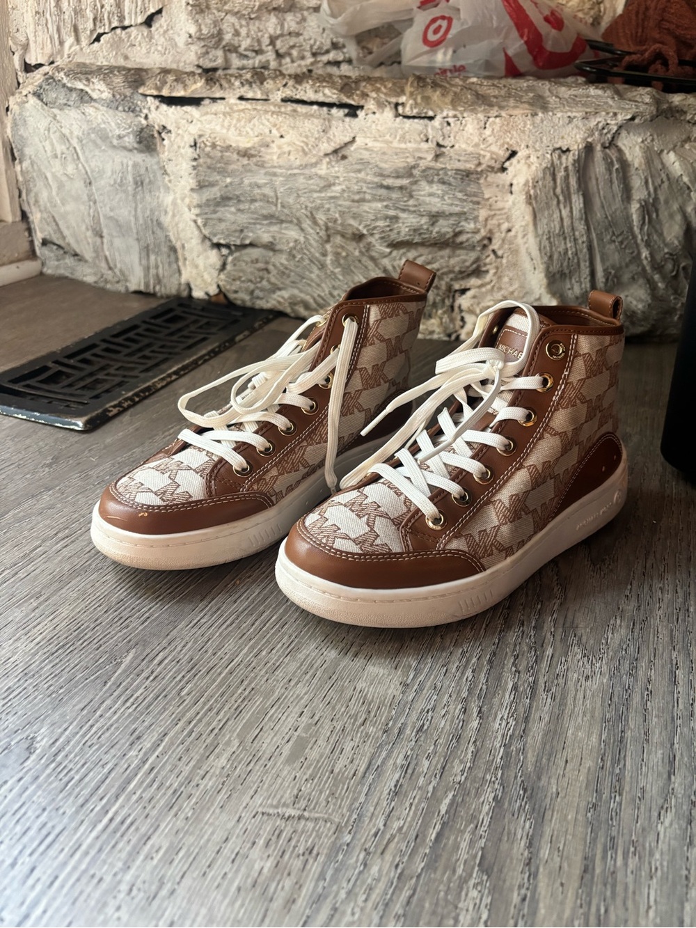Michael Kors Brown & Cream High-Top Logo Sneakers